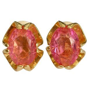 Vintage Pink Glass Clip On Earrings Jeweled Cut Gold Plated Huggie 70's USA